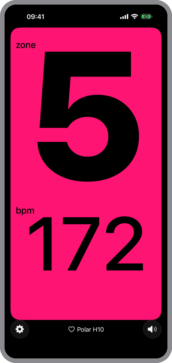 Zone Trainer showing zone 5 in pink, at 172 bpm
