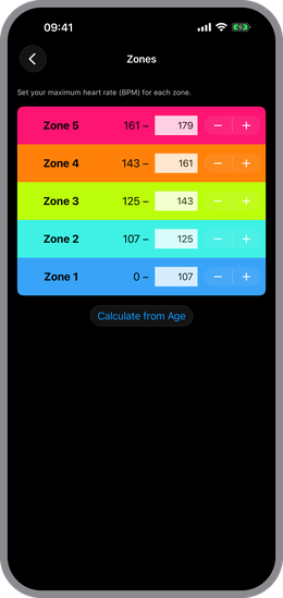 The Zones screen, with five editable heart rate boundaries